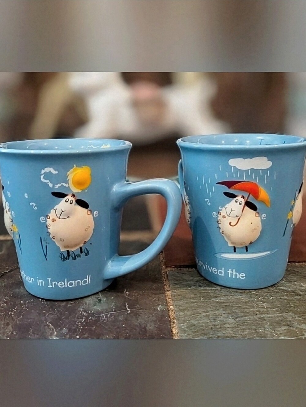 A PAIR! Vintage John Hinde I Survived The Weather In Ireland 3D Sheep Mugs.